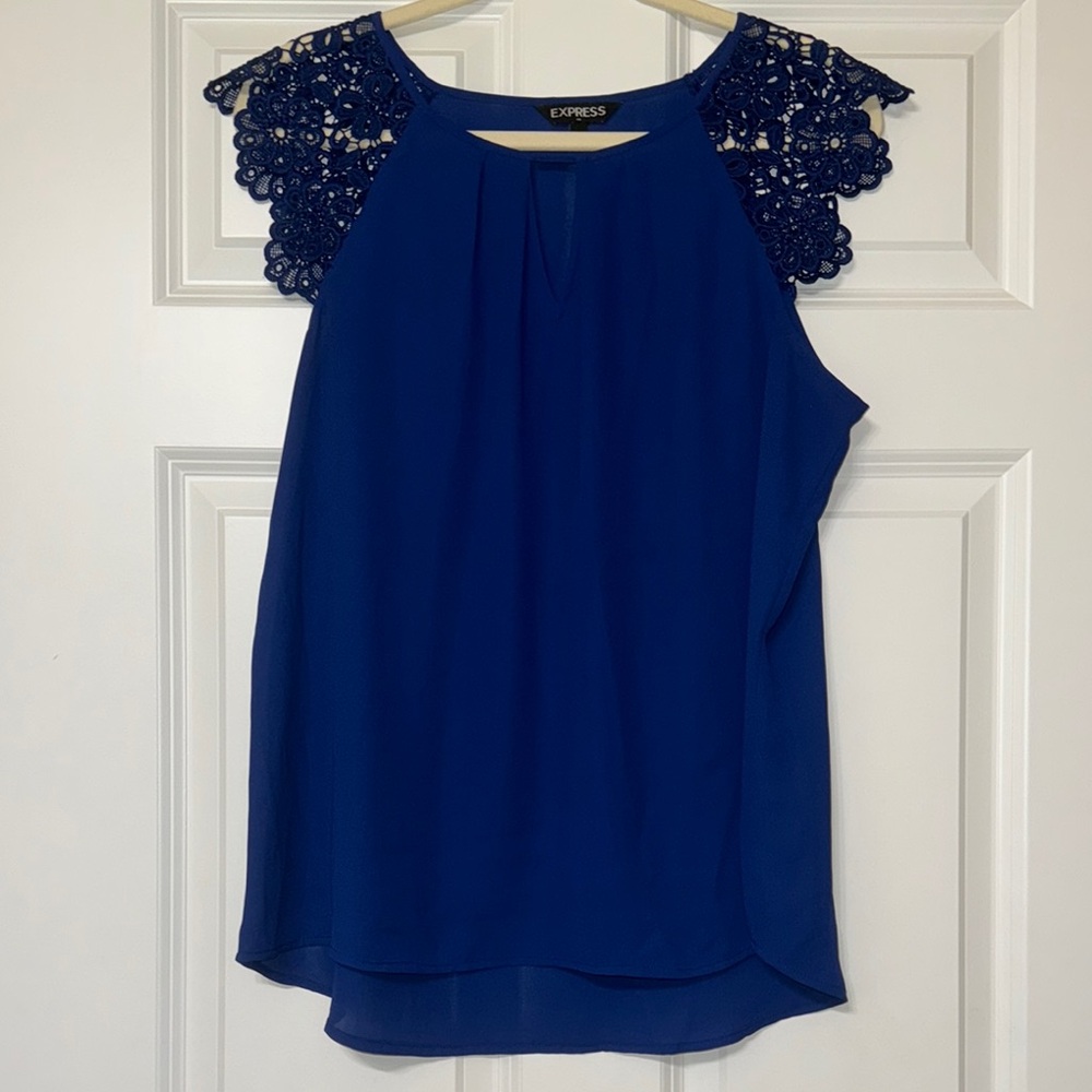 Express Women's Blue Lace Sleeve Top